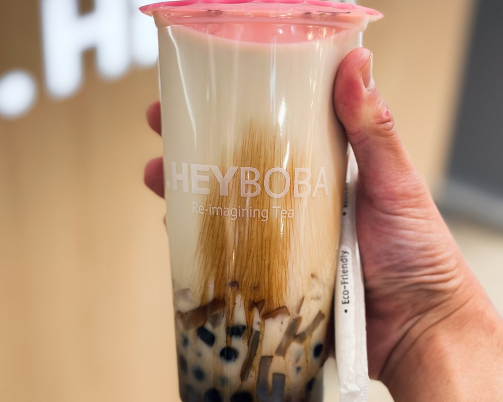 Close-up of a HEYBOBA brown sugar milk tea